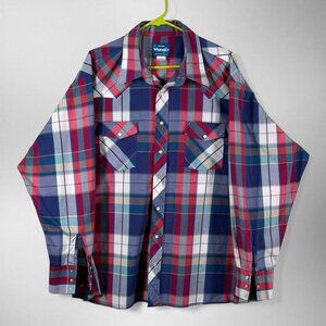 Wrangler Western Pearl Snap Shirt Mens 2XL Plaid Blue Red Yellow White